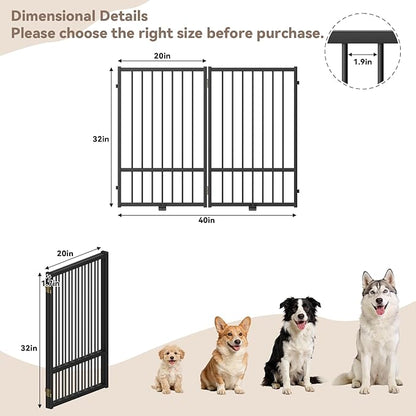 SNUOWU Full Metal Freestanding Dog Gate with Door, 32''Height Foldable Pet Dog Fence for Indoor & Outdoor, 2 Panels Extra Wide Free Standing TallDog Gates for Doorways,House,Stairs,Porch,Deck,Yard