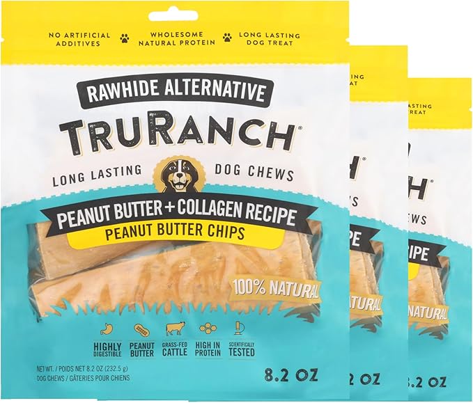 TRURANCH Collagen Chips - Collagen Dog Treats - Long Lasting Healthy Joint Support - Rawhide Alternative Chips - Skin & Coat Health - Made with Real Peanut Butter, Value Pack, 3 Bag, 1.5 lbs