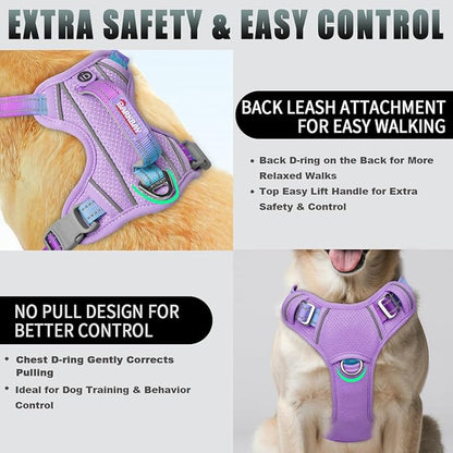 BARKBAY No Pull Dog Harness Large Reflective Dog Harness with Front Clip and Easy Control Handle for Walking Training Running with ID tag Pocket(Lavender Sky,XL)