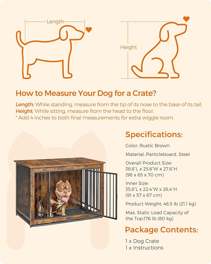 Feandrea Dog Crate Furniture, 38 Inches Dog Kennel for Dogs up to 70 lb, with Removable Tray, Heavy-Duty Dog Cage End Table Indoor, Double Doors Dog House, Easy to Clean, Rustic Brown