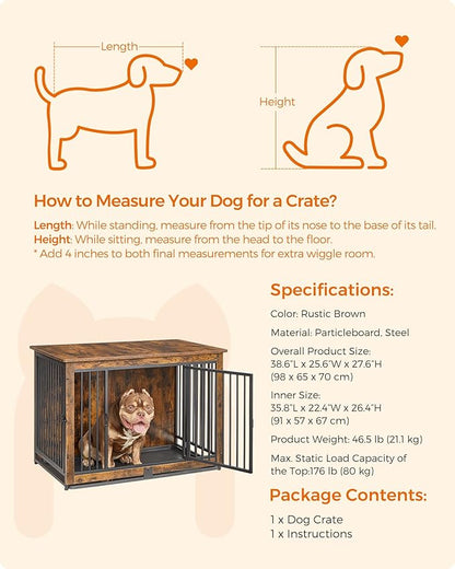Feandrea Dog Crate Furniture, 38 Inches Dog Kennel for Dogs up to 70 lb, with Removable Tray, Heavy-Duty Dog Cage End Table Indoor, Double Doors Dog House, Easy to Clean, Rustic Brown