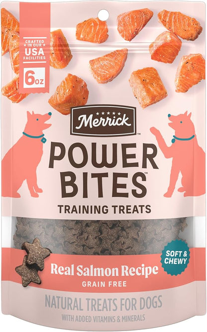 Merrick Power Bites Salmon Recipe Healthy Dog Treats, Real Salmon Grain-Free Dog Snacks, 6 oz Bag