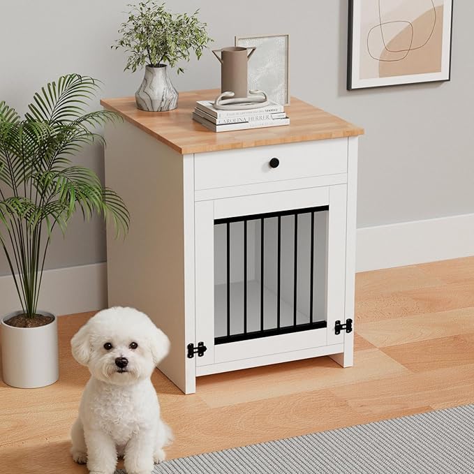 Small Dog Crate Furniture with Drawer, Wooden Pet Kennel End Table for Small Dogs, Furniture Style Indoor Dog House, Decorative White Dog Cage Nightstand, Side Table with Metal Bars & Secure Lock