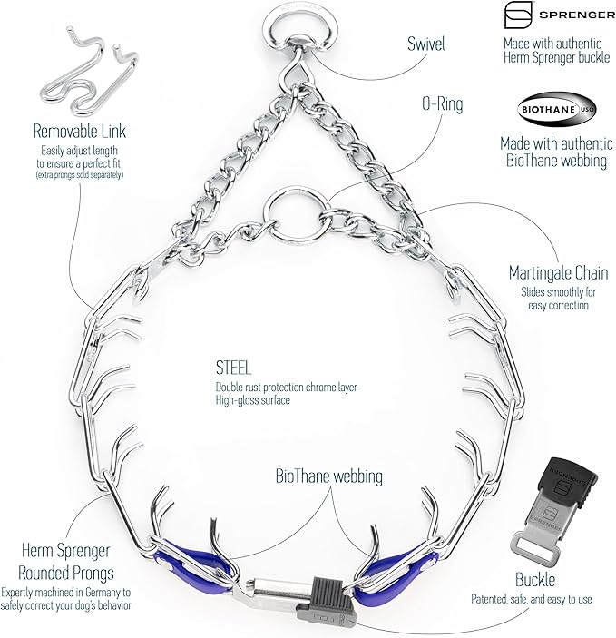 Herm Sprenger Chrome Plated Steel Dog Collar with Quick Release ClicLock Buckle and Biothane Insert Training Collar for Dogs Made in Germany (Blueberry Royal, 23in x 3.2mm(Neck Size up to19-20in))