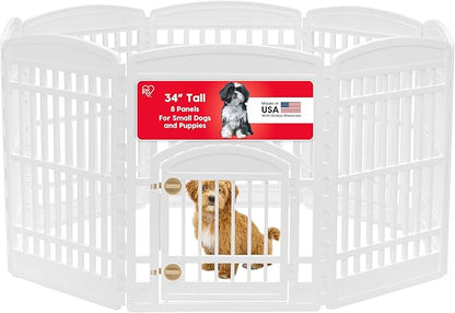 IRIS USA Dog Playpen with Door, 34” 8 Panel Pet Exercise Pen – Indoor Outdoor Puppy Play Pen, Portable Plastic Pet Fence for Small Medium Dogs, Foldable 63” x 63” x 34”, White