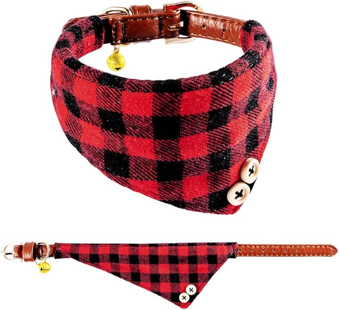 EXPAWLORER Dog Collar and Leash Set - Classic Plaid Dog Bow Tie and Dog Bandana Collar with Bell, Dog Leash Tangle Free, Adjustable Collars for Small Medium Large Dogs Cats, Holiday Ideal Gift
