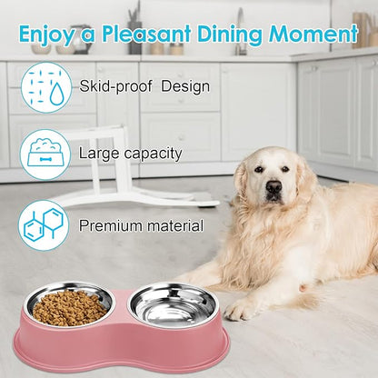 Epetslove Dog Bowls Large Double Dog Water and Food Bowls Stainless Steel Bowls with Non-Slip Resin Station, Pet Feeder Bowls Food Dish for Small Medium Large Dogs Cats
