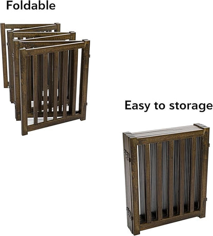 LZRS 6-Panel Extra-Wide Freestanding Wooden Dog Gate Indoor – 24”High Foldable Safety Pet Barrier for Doorways, Hallways, Kitchens, Durable Design fit Small to Medium Dogs, Walnutl
