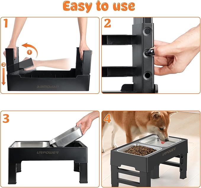 URPOWER Raised Dog Bowls 4 Height Adjustable Elevated Bowl Stand with Stainless Steel Water Bowl Non-Slip Dog Food Bowls Stand for Small Medium Large Dogs and Pets