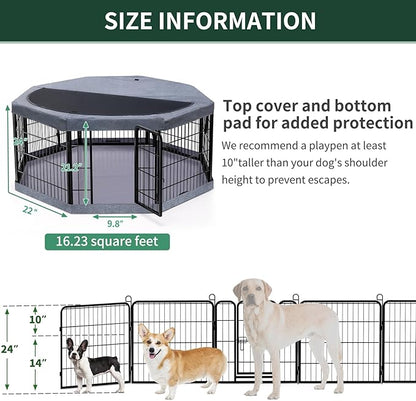 PETIME Dog Playpen,Metal Exercise Puppy Pen Heavy Duty Kennels Yard Fence Indoor/Outdoor 22" W x 24" H 8 Panels Dog Cage with Octagon Top Cover and Bottom Pad