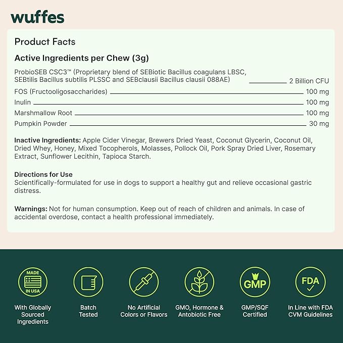 Wuffes Daily Probiotic for Dogs - Supports Digestive Health, Gut Balance, and Immune System - with Prebiotics, Marshmallow Root, and Pumpkin Powder (120 Chews (Pack of 2))