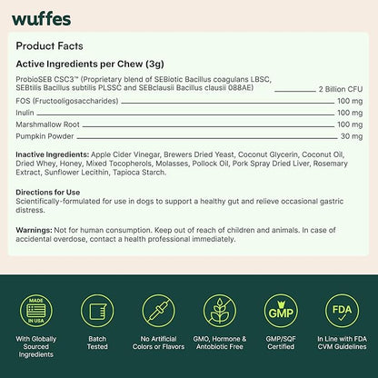 Wuffes Daily Probiotic for Dogs - Supports Digestive Health, Gut Balance, and Immune System - with Prebiotics, Marshmallow Root, and Pumpkin Powder - 60 Soft Chews