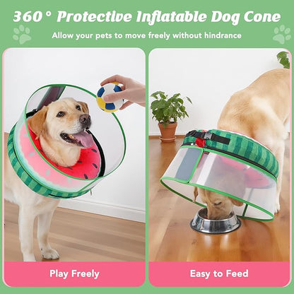 Inflatable Dog Cone with Anti-Licking Clear Shield, Protective Dog Donut Collar After Surgery, Adjustable Soft Recovery Cone for Pets, Alternative Collar with Buckle Strap (Watermelon, S)