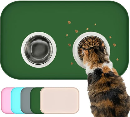 BLESWIN Waterproof Silicone Pet Feeding Mat Green with Raised Edge,24" x 16"Non-Skid Spill Proof Dog Bowl Mats, Easy Clean Cat Bowls Placemat for Cats and Dogs