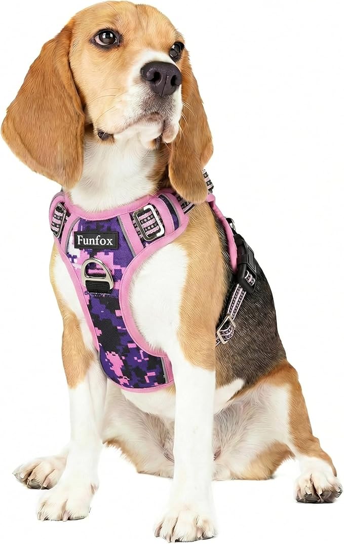 Funfox Dog Harness No Pull, Adjustable Pet Vest Harness, Super Soft Material with Vertical Handle Easy Control, Reflective Night Walking, 2 Leash Clips for Medium Sized Dogs, Mosaic Pink, M