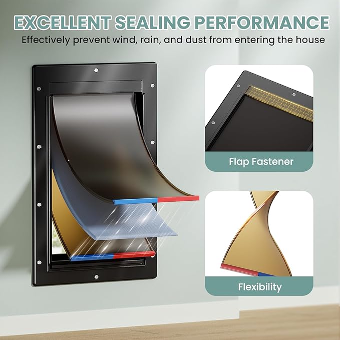 Durable Frame 3-Flaps Insulated Wall Dog Door, Extreme Weather Large Doggy Door for Wall, Never Rust Wall Pet Door, Telescoping Tunnel, 2 Magnetic Flaps, Closing Panel, for Pet Up to 100lb