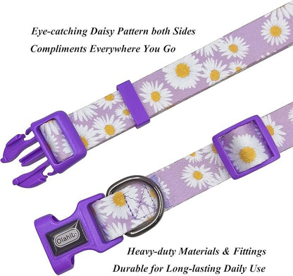 Dog Collar Leash Set, Floral Pattern, Polyester Material, Adjustable Collar and 5ft Matchcing Leash, for Small Dogs.(S, Light Purple Daisy)