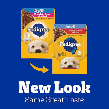 Pedigree Puppy Food Morsels in Sauce, Wet Dog Food Pouches, Beef Flavor, 3.5 oz. Pouches, 16 Count
