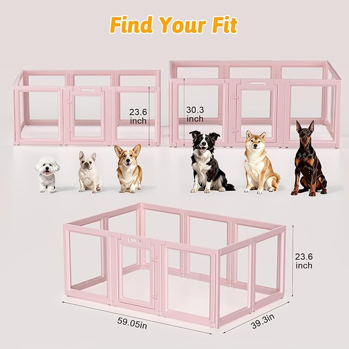 DIY Clear Acrylic Dog Playpen House,Quick Easy Assembly and Disassembly,Strong Floor Suction,Indoor and Outdoor Use,Easy Cleansing Puppy Fence (Skin Pink, 23.6" H, 10PCS)