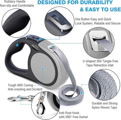 Heavy Duty Retractable Dog Leash-16ft Strong & Durable Walking Leash for S to L Dogs up to 45/115 lbs, Upgraded Lock System, Non Slip Grip, Tangle Free (Grey, Small/Medium)