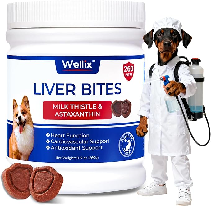 Wellix 260 Bites Liver Support for Dogs - Milk Thistle for Dog Liver Supplements with Omega-3 - Supports Heart & Antioxidant for Large,Small Breed Fogs -Chicken Flavor