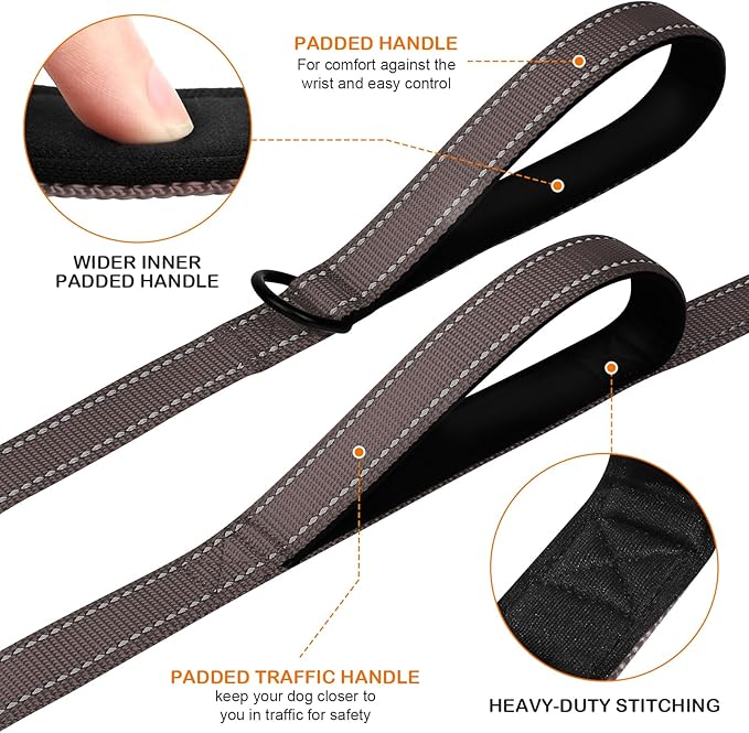 Joytale Dog Leash Heavy Duty for Large Dogs that Pull, Double Handle for Traffic Control, Double-Sided Reflective Leashes for Large Medium Dogs Night Safety, 5FT, Brown