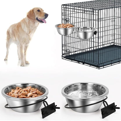 Crate Bowls for Large Dogs, ShineMe Heavy Duty Hanging Dog Bowls for Kennel Cage Crates, No Spill Stainless Steel Dog Crate Water Bowl or Large and Medium Dogs, 56oz, Set of 2