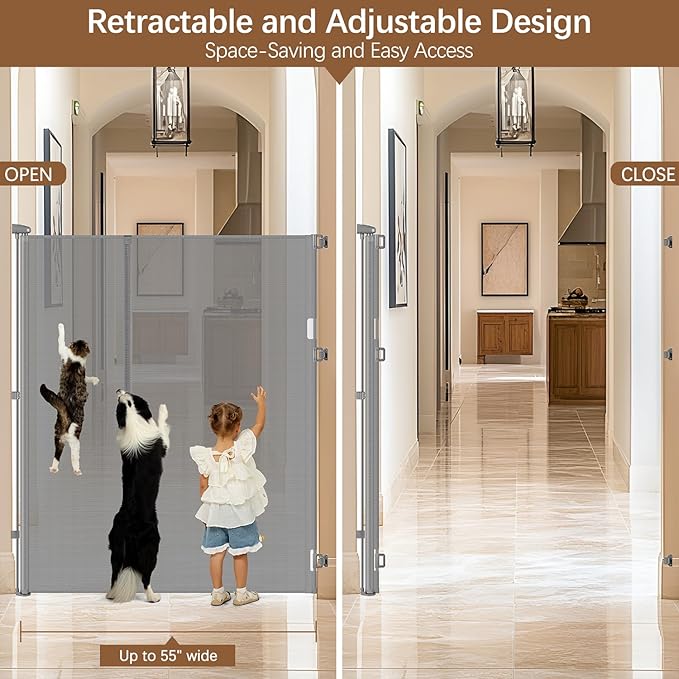Reinforced 55" Extra Tall Dog Gates Indoor Cat Gate for Hallway - Prevents Jumping & Crawling Through, 55" Wide Retractable Gate, Mesh Pet Gates for Doorways Extra Tall Baby Gate for Cats, Gray