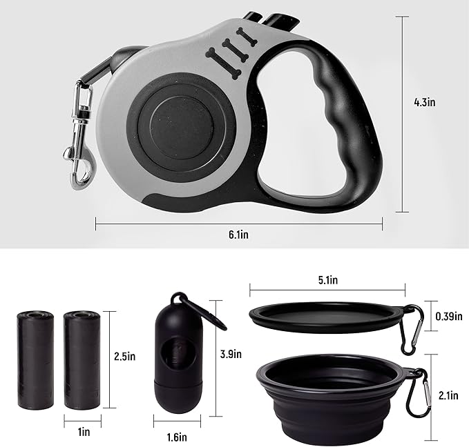 Retractable Dog Leash Automatic Telescopic Tractor Dog Tape, Pet Tape 10/16 FT Durable and Convenient, with Folding Bowl, Dispenser, Rubbish Bags, Suitable for Small and Medium Dogs