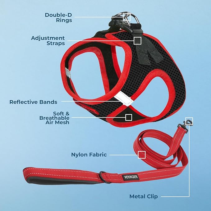 Best Pet Supplies Voyager Step-in Air All Weather Mesh Harness and Reflective Dog 5ft Leash Combo with Neoprene Handle, for Small, Medium and Large Breed Puppies - Set (Red Trim), Medium