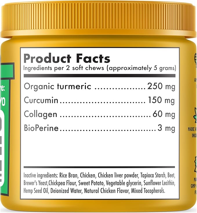 Turmeric Curcumin Hip & Joint Dogs Supplement Anti-Inflammatory Support for Arthritis & Mobility with Collagen & BioPerine Pain Relief Antioxidant Digestive Cardiovascular and Liver Health 120 Chews