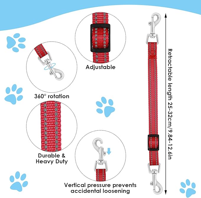 Cobee Dog Collar Clips, 2 Pcs Reflective Nylon Puppy Collar Backup, Safety Adjustable Pet Dog Harness Connector, Double Ended Backup Clasp Clip for Puppies(Red, Blue)