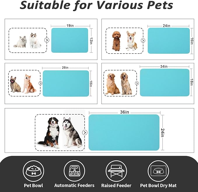 HotLive Dog Food Mat - Absorbent Cat Mat for Food and Water, No Stains Pet Feeding Bowl Mat, Easy to Clean Pet Placemats, Quick Dry Dog Water Dispenser Mat for Messy Drinkers | Teal 18"x34"