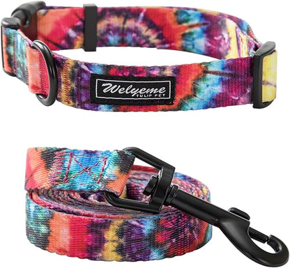 Dog Collar and Leash Set for XSmall Small Medium Large Dogs, Rainbow Stripes, Tie Dye Dog Collar (S(9.9''-11.8''))