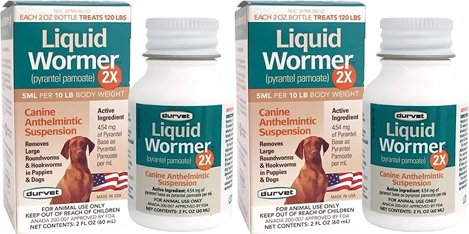Durvet 2X Liquid Wormer, 2 oz, for Puppies and Adult Dogs - Pack of 2