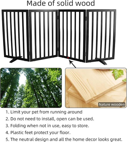 ZJSF Freestanding Indoor Dog Gate for House Foldable Wood Puppy Gate for Doorways Pet Gate for Stairs Extra Wide Pet Fence, Black, 32" Height 4 Panels