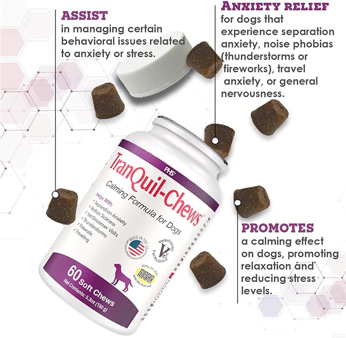 Tranquil-Chews Calming Formula for Dogs – Anxiety, Stress, Travel, Fireworks Relief – Chamomile, L-Tryptophan, Ginger – Beef Flavored Soft Chews – 60 Count – Supports Relaxation and Balanced Behavior