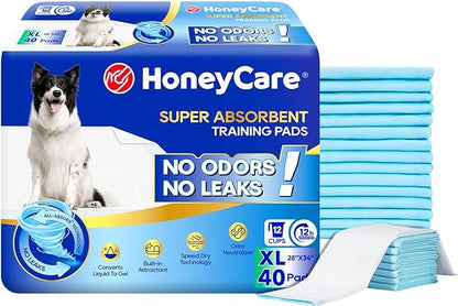 HONEY CARE All-Absorb, X-Large 28" x 34", 40 Count, Dog and Puppy Training Pads, Ultra Absorbent and Odor Eliminating, Leak-Proof 5-Layer Potty Training Pads with Quick-Dry Surface, Blue