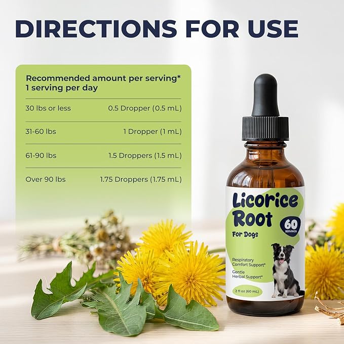 Licorice Root Drops for Dogs – Herbal Digestive & Throat Comfort Support, Licorice Root Extract Liquid for Sensitive Stomach & Daily Wellness, Easy-to-Mix Dog Supplement, 2 fl oz (60 mL)