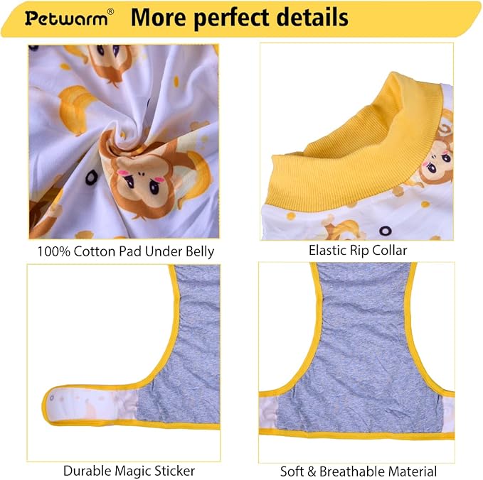 PetWarm Recovery Suit for Male Dogs Neutered, Recovery Suit for Dogs After Surgery, Dog Recovery Collars and Cones Alternative Dog Abdominal Wounds Bandages, Monkey Pattern, Yellow, XL