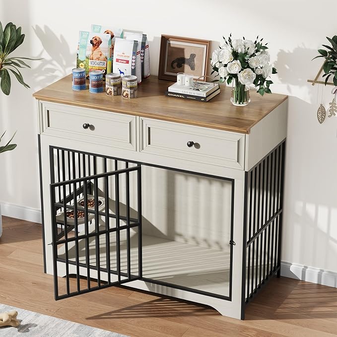 QUW 42" Modern Dog Crate Furniture, Wooden Dog Kennel for Medium to Large with 360° Rotating & 3-Levels Adjustable Height Dogs Bowl Holder, Decorative Dogs cage Pet House Indoor, Antique White