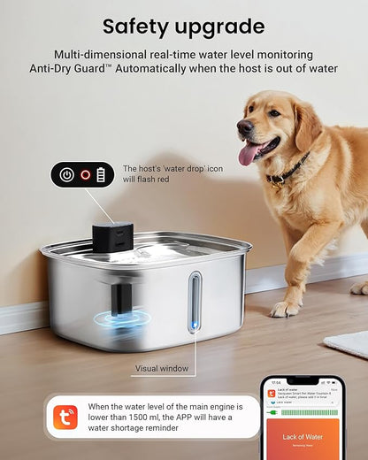 Dog Water Bowl Dispenser Large,10L Dog Water Fountains with APP Monitoring, Pet Cat Water Fountain Stainless Steel, Safe Multi-Filtered Automatic Water Dispenser for Dogs 2.4G Wi-Fi 2.64Gal/338 Oz