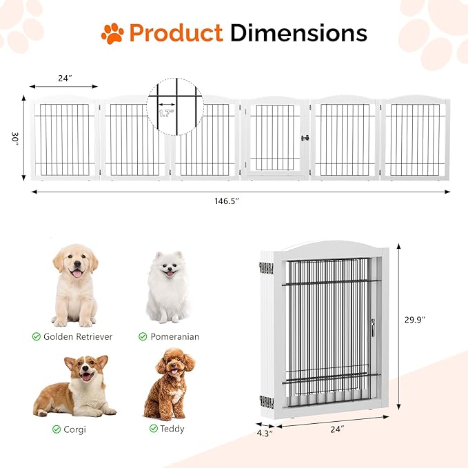 Bonnlo Freestanding Dog Gate, Pet Gate with 6 Panel Walk Through Door, Foldable Dog Safety Fence for Stairs Doorways Fireplace Up to 146'' Wide (White, 30" H-6 Panels with Door)
