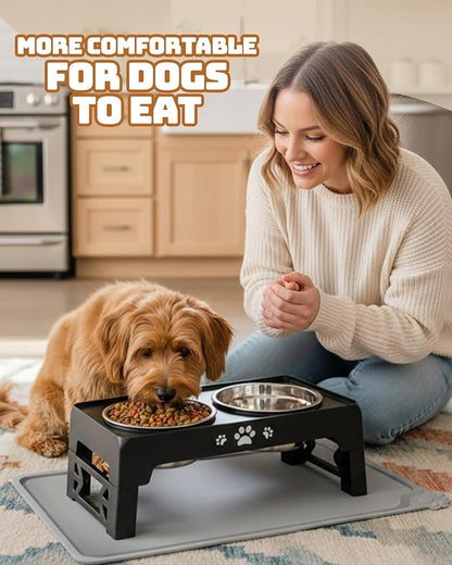 Jovrun Elevated Dog Bowls for Small Dogs and Cats with Mat, Non-Slip Cat Bowls with 2 Thick 5.5" Stainless Steel Dishes, Dog Feeder 2 Heights Adjustable to 2.6"-5.3"