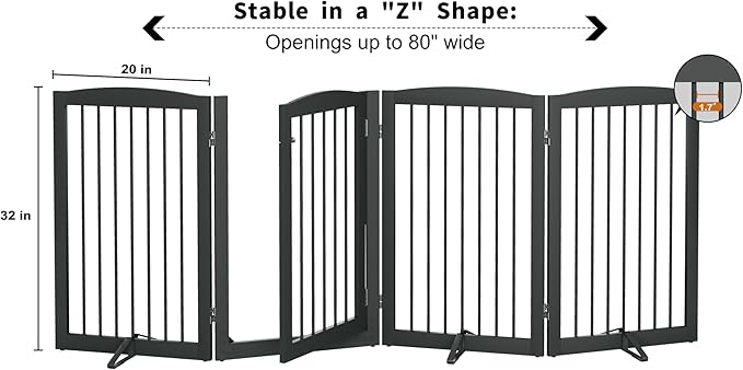PUPETPO Freestanding Dog Gates with Door Walk Through, Pet Gate for Stairs, 80 inch Wide Gates Indoor, Dog Fences Indoor, Support Feet Included, 4 Panels, 32" Tall, Grey