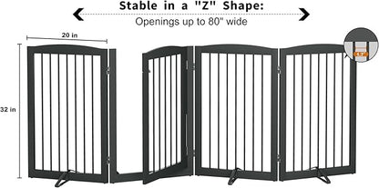 PUPETPO Freestanding Dog Gates with Door Walk Through, Pet Gate for Stairs, 80 inch Wide Gates Indoor, Dog Fences Indoor, Support Feet Included, 4 Panels, 32" Tall, Grey