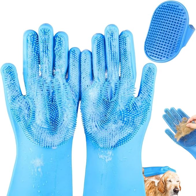 2PCS Dog Washing Gloves and Dog Bath Brush, high-Density Teeth Design pet Grooming Gloves, 2-in-1 Pet Grooming kit ，Suitable for Dogs and Cats to bathe, depilate, and Massage