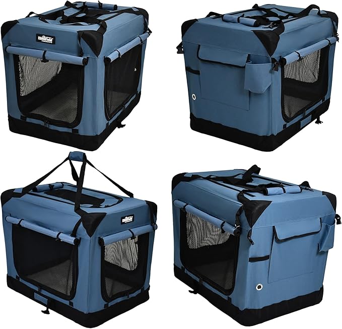 EliteField 4-Door Folding Soft Dog Crate with Curtains, Carrying Bag and Fleece Bed (2 Year Warranty), Indoor & Outdoor Pet Home (42" L x 28" W x 32" H, Blue Gray+4 Door Curtains)