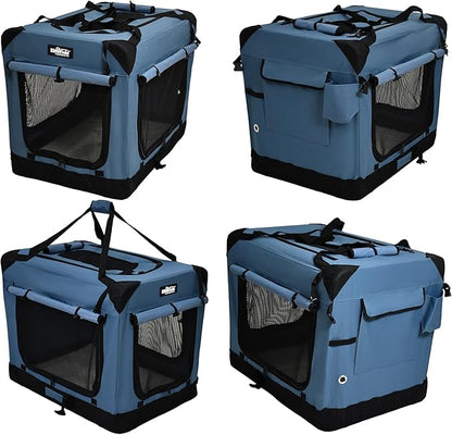EliteField 4-Door Folding Soft Dog Crate with Curtains, Carrying Bag and Fleece Bed (2 Year Warranty), Indoor & Outdoor Pet Home (42" L x 28" W x 32" H, Blue Gray+4 Door Curtains)
