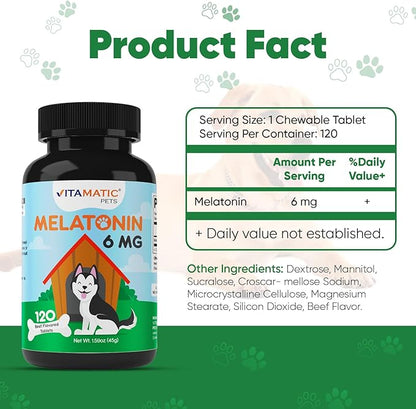 Vitamatic Melatonin for Dogs – 6 mg – 120 Chewable Tablets (Pack of 3) Beef Flavored – Natural Calming Aid for Dogs – Non-Habit Forming – Stress & Sleep Support